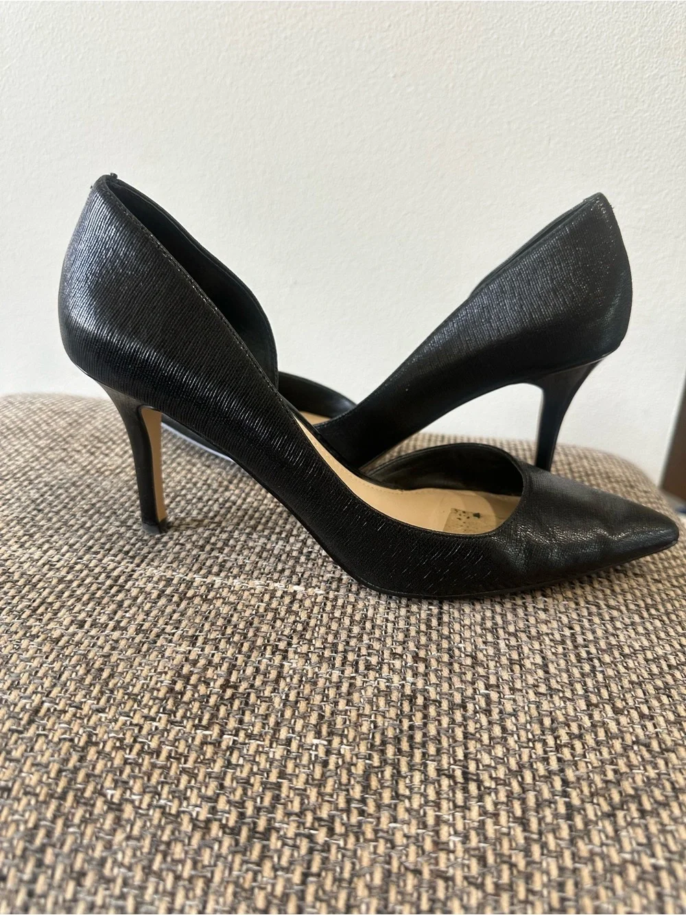 WHBM Ella Black Textured Pointed Toe D'Orsay Stiletto 3.5”Heels Size 9